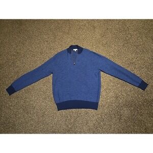 Peter Millar Men's L Merino Wool Two-Color 1/4 Zip Pullover Sweater Blue